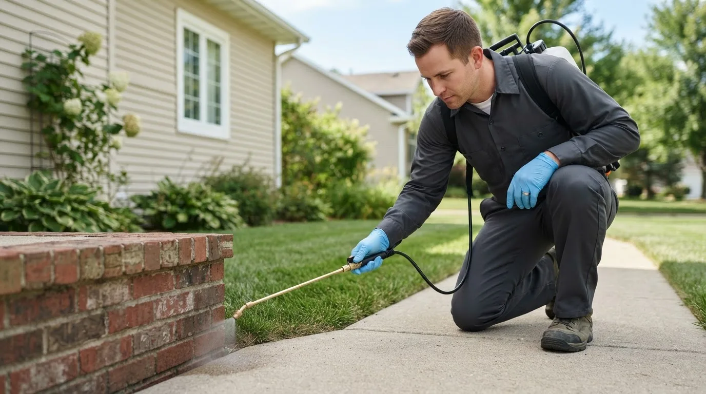 Pest control technician treating a home near Oolitic, IN