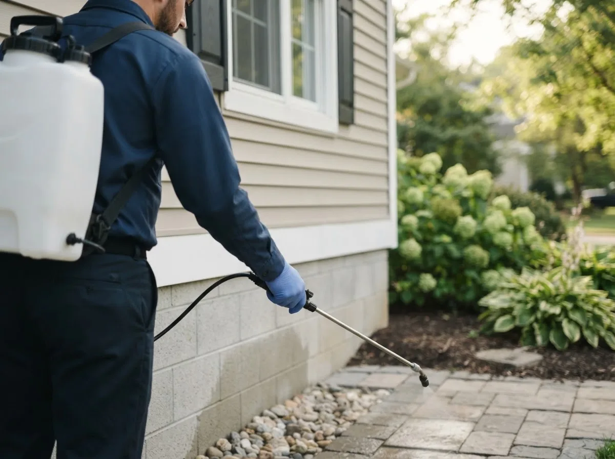 Pest control technician inspecting a home in Oolitic, IN